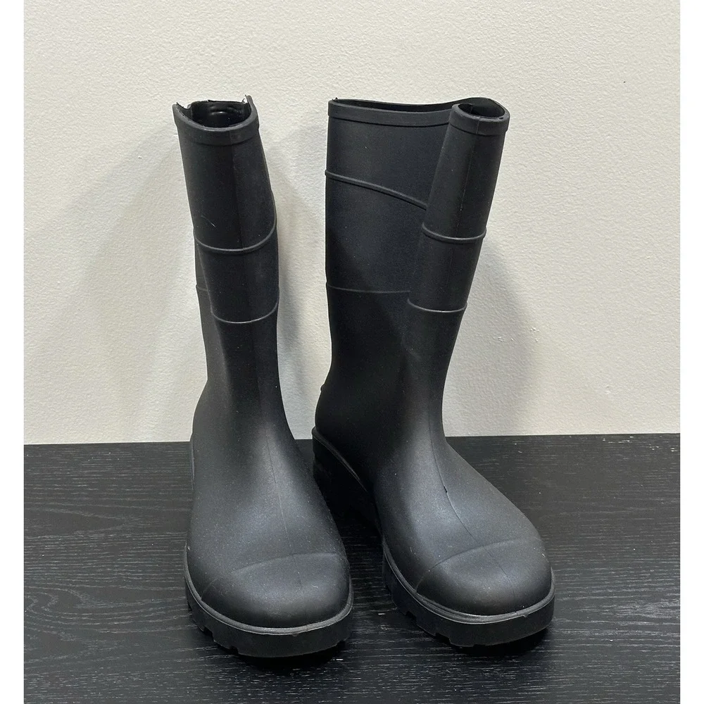 Black Rubber Waterproof Pull-On Mid-Calf Rain Boots Round Toe Mens 6 Woman's 8